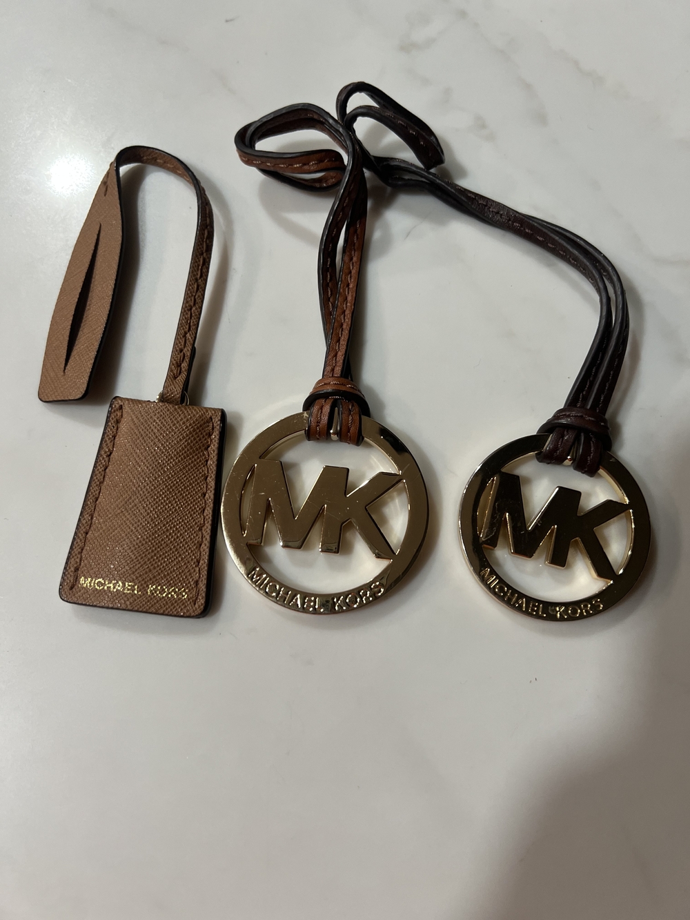 Michael Kors Gold MK Logo Tag & Brown Leather Luggage Charms